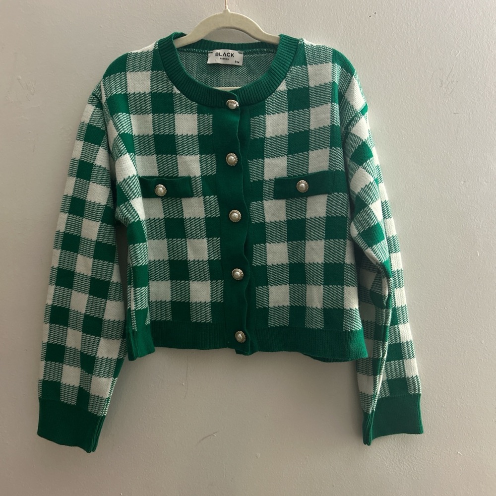 NWOT Black Brand Green and White Plaid Cardigan - S